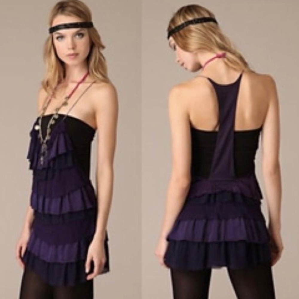 Free People Silk Black Purple Layer Ruffle Combo Tunic Mini Dress